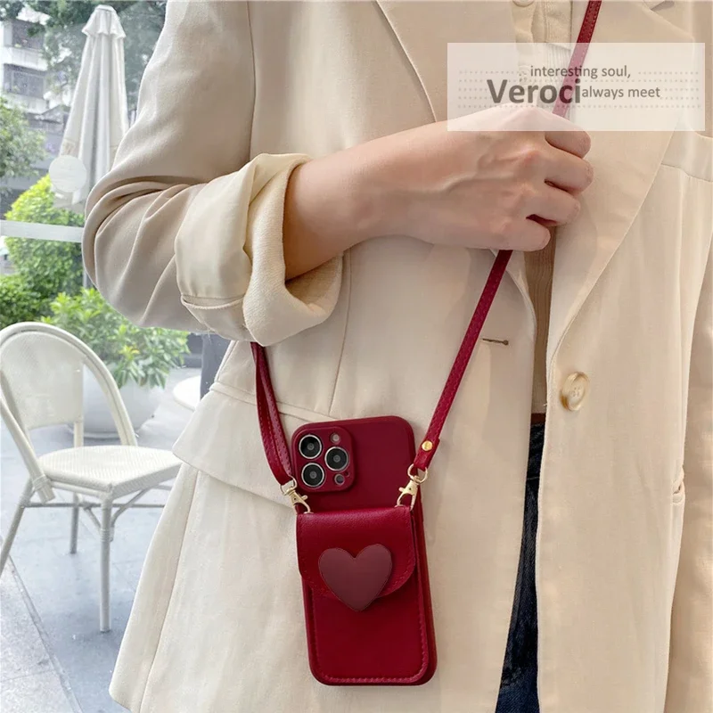 3D Love Heart Wallet Leather Crossbody Lanyard Phone Case For iPhone 15 16 13 14 12 Pro Max X XS Cover Bag Plus
