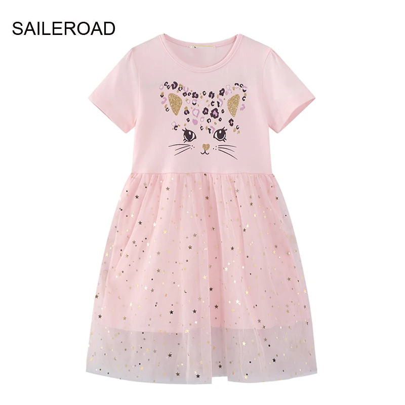 

SAILEROAD 2-7Y 2022 New Summer Children Cotton Short Sleeve Cats Animals Dresses Kids for Girls Fashion Clothes