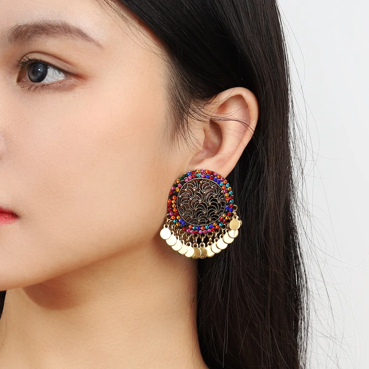 

Exaggerated Vintage Colorful Crystal Tassel Earring For Women Girl Retro Royal Style Geometric Earring Wedding Party Jewelry