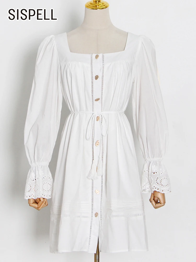 

SISPELL Plain Dress For Women Square Collar Flare Long Sleeve High Waist Lace Up Buttons Plus Size Dresses Female 2022 Summer