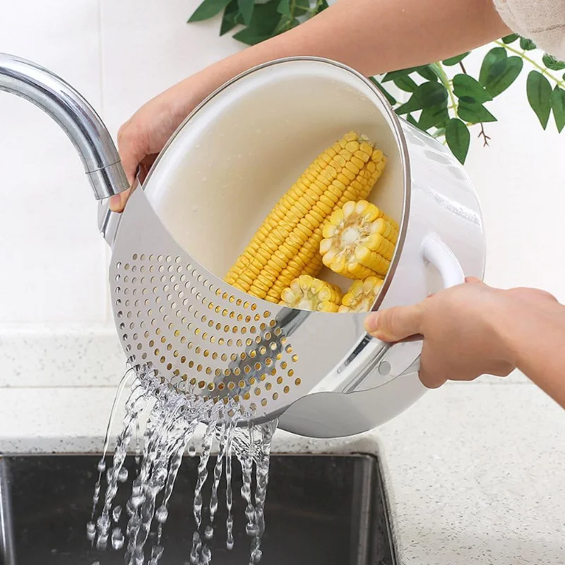 

Stainless Steel Vegetable Drainer Semicircle Pot Pan Pasta Colander with Filter Kitchen Cooking Gadget Handle Food Strainer