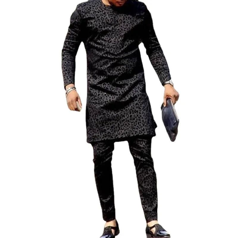 

Spring Autumn African Men Long Sleeve Round Neck Black Polyester Two Pieces Sets Top and Long Pants African Clothes Men M-4XL