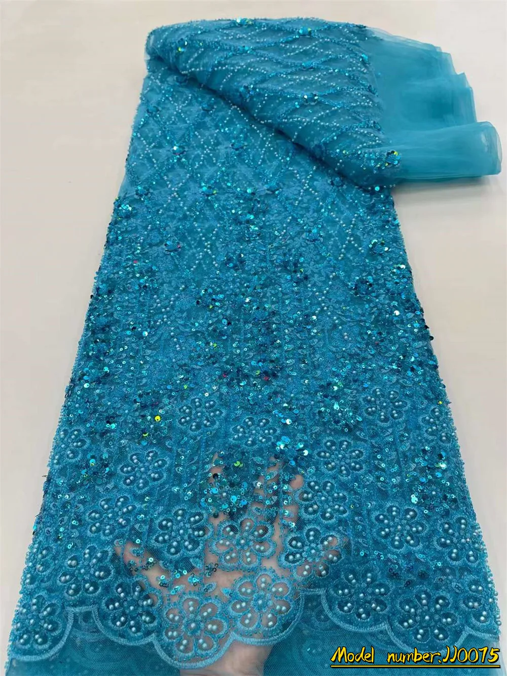 

African Sequins Lace Fabric 2022 French Tulle Lace Fabric Glued Beaded Embroidery Mesh Fabric For Party Wedding Dress / JJ0075
