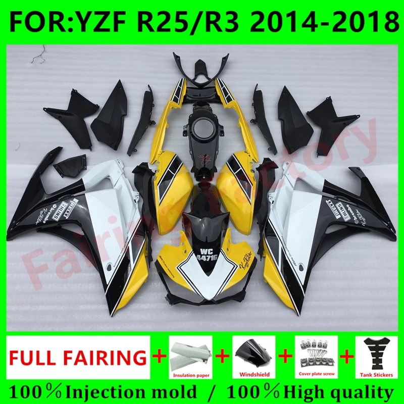 

Комплект обтекателей для кузова нового мотоцикла ABS, подходит для YZF R25 R3 R 25 3 2015 2016 2017 2018, комплект обтекателей кузова, желтый, черный