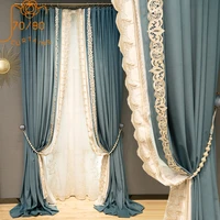 haze blue velvet lace stitching blackout curtains for living room bedroom dining room partition curtain finished product
