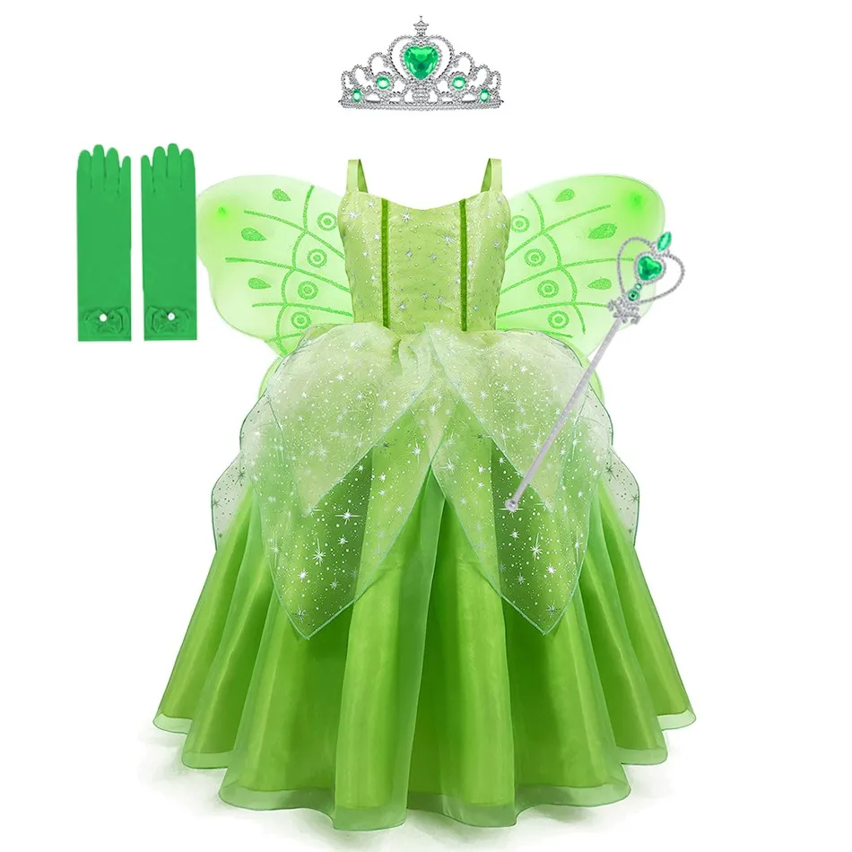 

Fairy Dress With Crown Wand Pearl Necklace Green Princess Dress Halloween Costume Fairy Butterfly Wings Fluffy Dress TuTu Dress