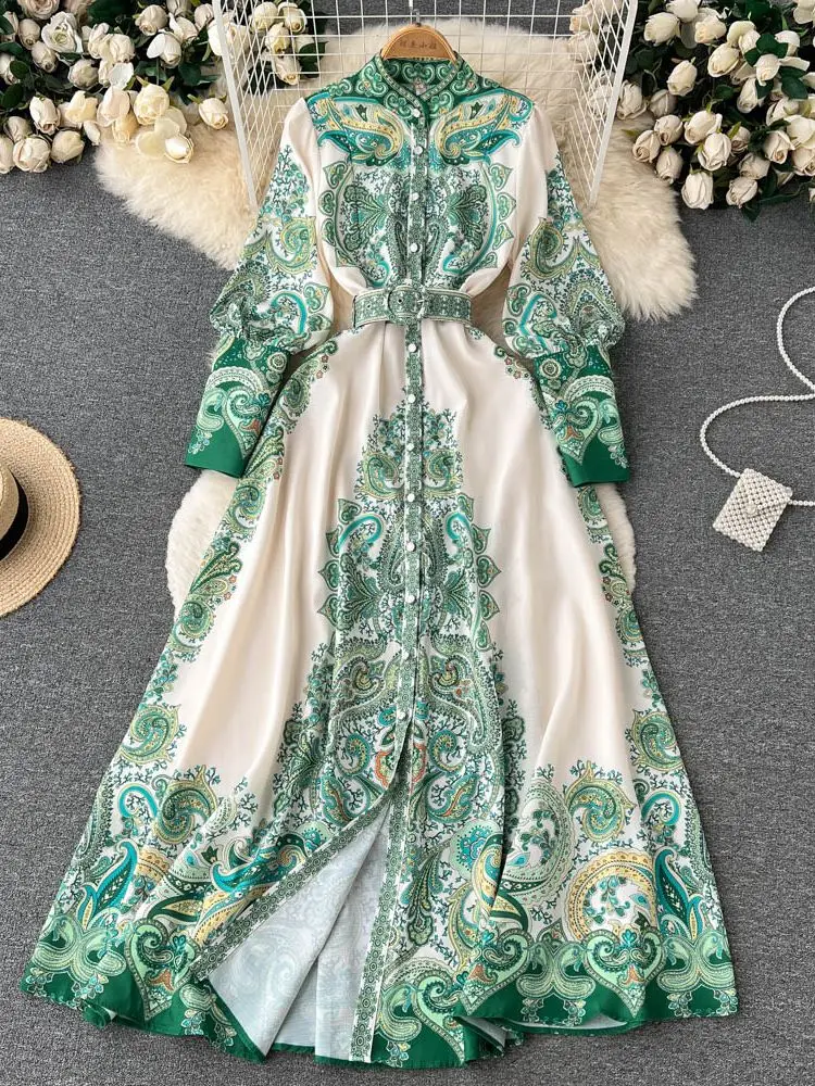 

Banulin Fashion Designer Runway Beach Dress Women Clothing Long Lantern Sleeve Floral Print Chiffon Maxi Dresses Summer 2022