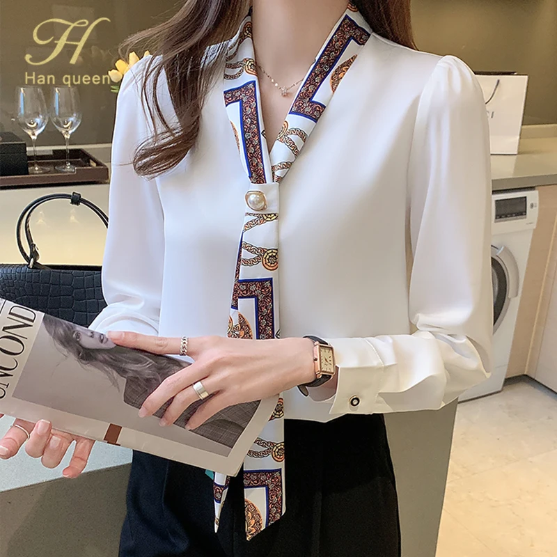 

H Han Queen Spring Chiffon Simple Office Lady Blouse Female Shirt Bow Tops Long Sleeve Casual Korean OL Loose Blouses Women