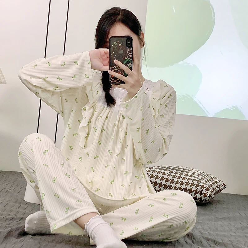 CAIYIER Kawaii Girls Hearts Print Leisure Sleepwear Korean Winter Long Sleeve Long Pants Nightwear For Women Pyjamas Elegant 2XL