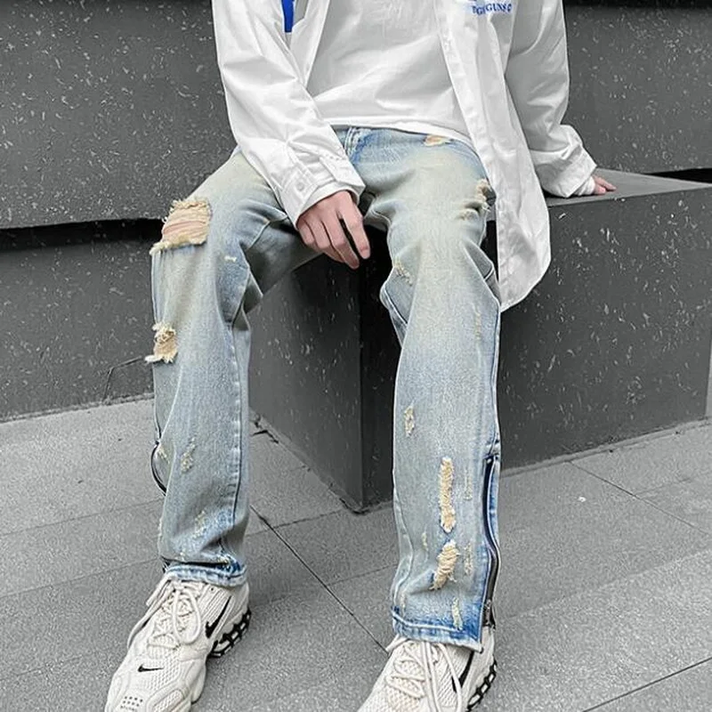 Men's High Street Ripped Jeans Men's American Hip-Hop Loose Straight Retro Washed Daddy Pants Multiple Styles Jeans