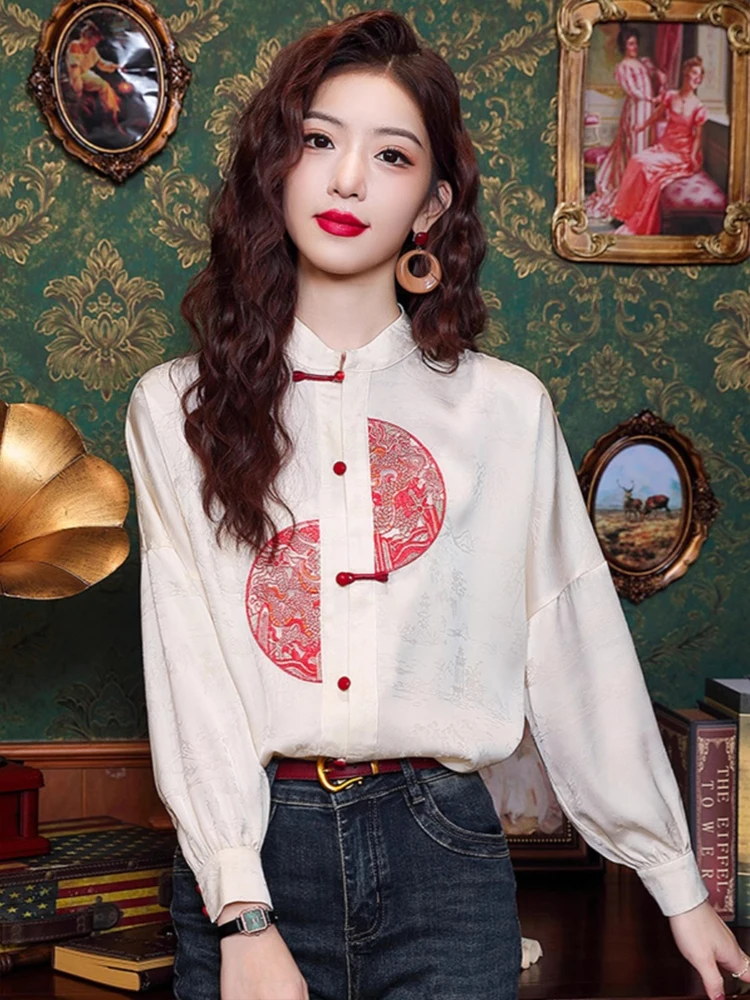  Китайские атласные рубашки с воротником-стойкой из имитации шелковой ткани