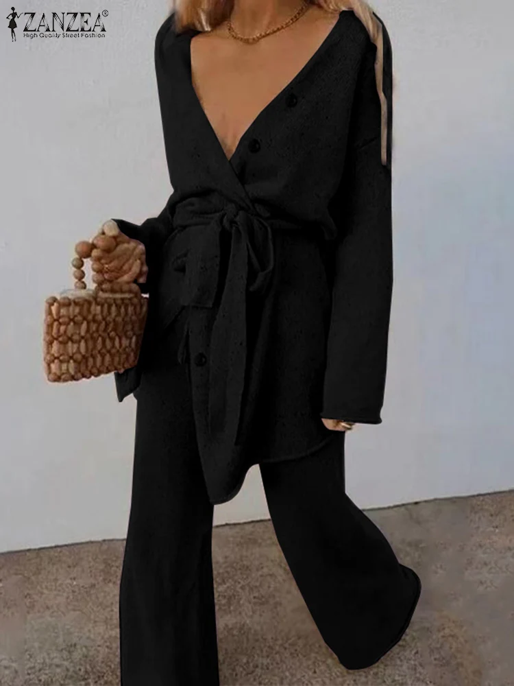 

Spring Lace Up Suit Tracksuits Solid Color Full Sleeve V-Neck Blouse 2022 ZANZEA Women Button Thin Oversized Sexy Elastic Pant
