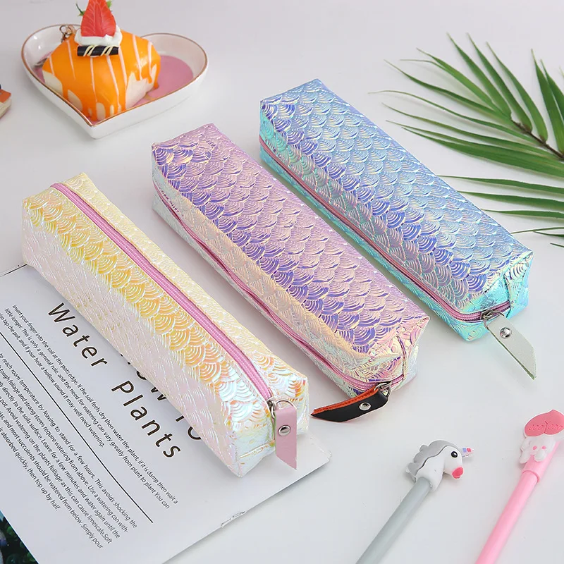 

Яркий блестящий чехол для карандашей с лазерным рисунком русалки, сумка для хранения канцелярских принадлежностей, студенческий чехол для ...