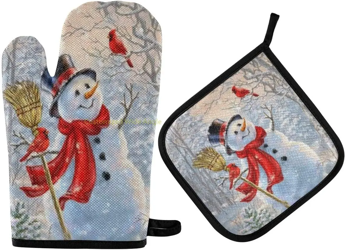

Christmas Winter Snowman Oven Mitts Pot Holders Sets Heat Resistant Non Oven Gloves for Cooking Baking BBQ Kitchen Gift