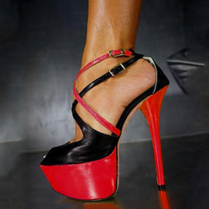 SEIIHEM Women Platform Pumps Peep Toe Faux Leather Thin High Heeled Sandals Ladies Party Prom Shoes Woman Big Size 41 44 47 52