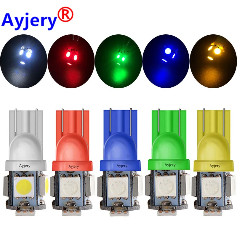 

AYJERY 500pcs DC 12V T10 LED W5W 5050 Bulb 5 SMD LED White Blue Red Yellow Green 194 168 Super Bright wedge Lights bulbs Lamps