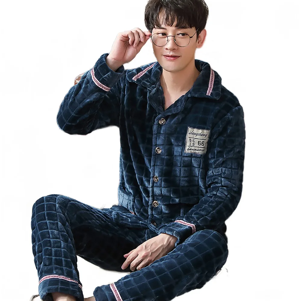QUHENG Fashion Winter Man Flannel Pajama Sets Plus Velvet Thick Warm Pijama Male for Men Casual Comfort Sleepwear Lounge Set