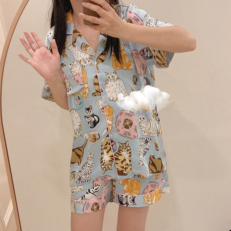 CAIYIER New Summer Stripe Women Sweet Pajamas Set Silk Short Sleeve Leisure Sleepwear Korean Girls Breathable Nightwear Homewear