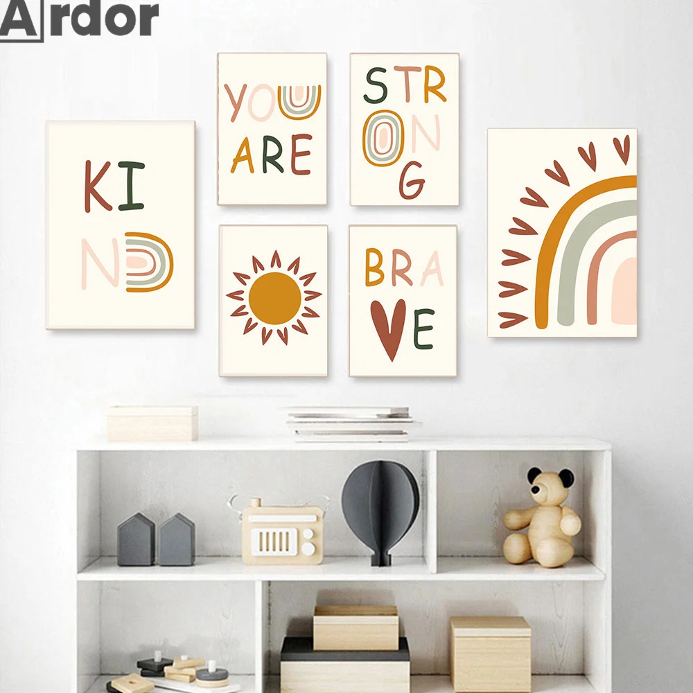 

Boho Cartoon Sun Cloud Rainbow Love Heart Poster Inspire Quotes Canvas Painting Nordic Print Wall Pictures Baby Kids Room Decor