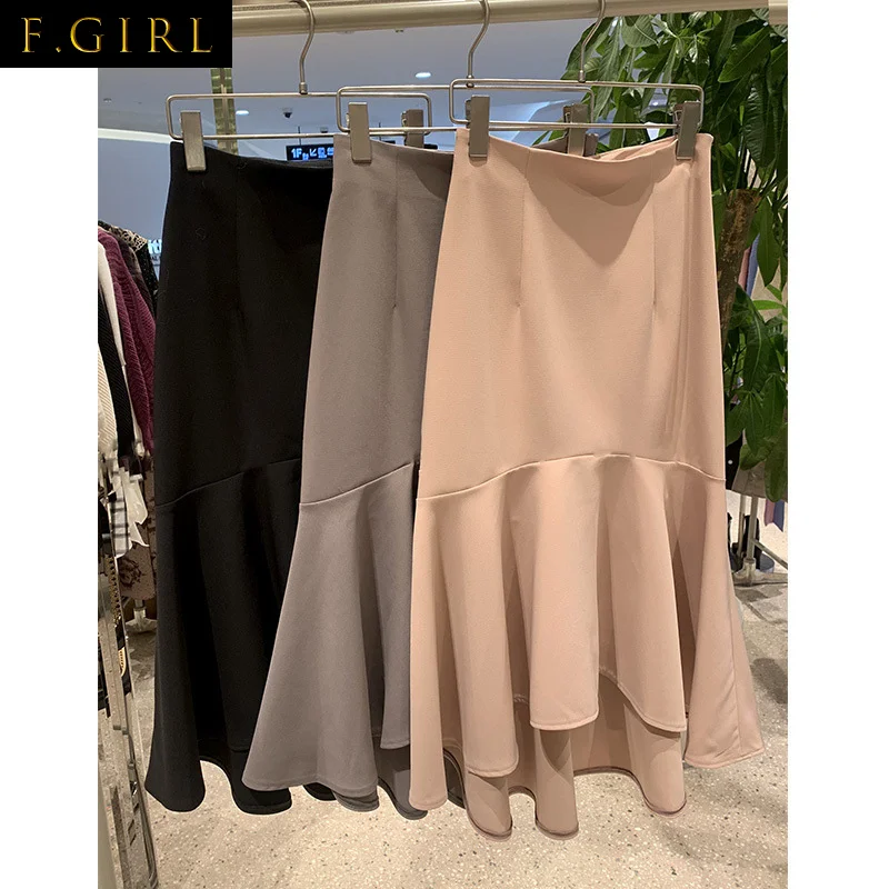 

F GIRLS High Waist Solid Color Irregular Long Skirt Slim Hip Package Mermaid Jupe Japanese Autumn Winter Faldas Mujer Moda 2023