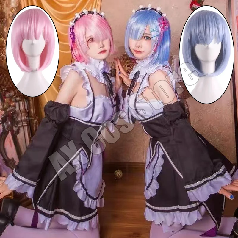 Фото Костюм для косплея Рам и Рем из аниме Re:Zero Kara Hajimeru Isekai Seikatsu, платье, парик, фартук, костюм горничной Рем, костюмы на Хэллоуин для женщин №1