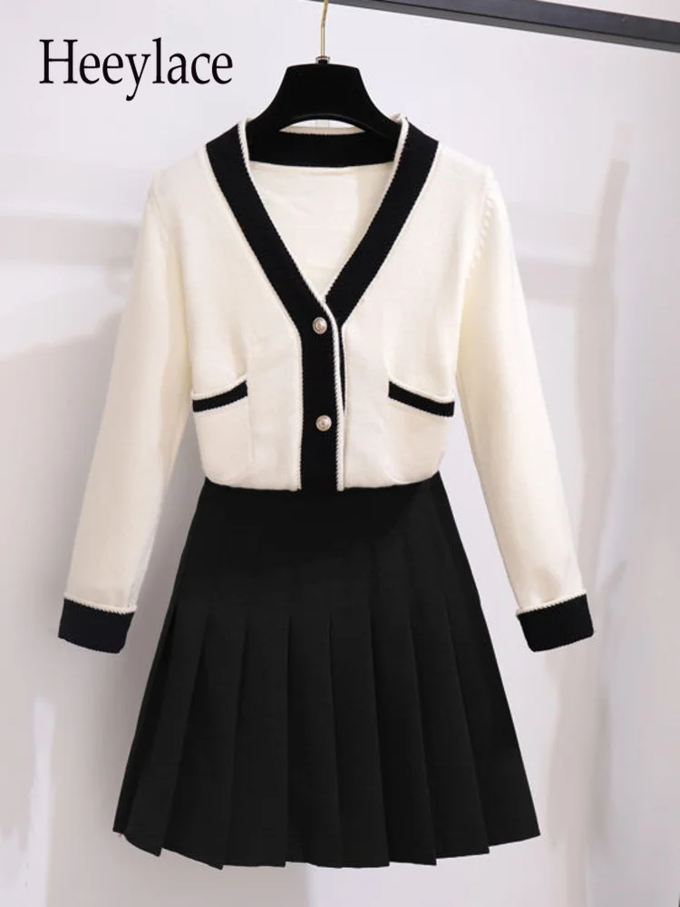 

Fall Winter Two Pieces Sets For Women Long Sleeve Knitted Cardigan And Mini Pleated Skirts Sets Korean Casual Outfits 2022 Cloth