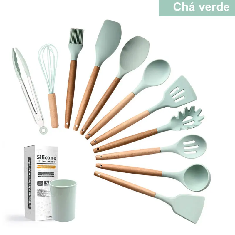 

Silicone Kitchenware Cooking Utensils Set Non-stick Cookware Spatula Shovel Egg Beaters Wooden Handle Kitchen Cooking Tool Set