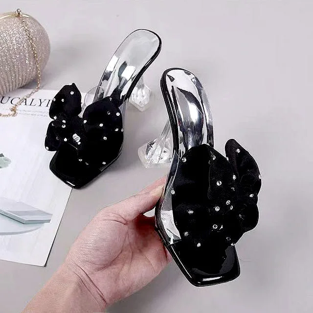 Summer 2022 New Crystal High Heels Women Slippers Slides for Women Fashion Fine-heeled Open-toed Big Flowers Slippers Woman
