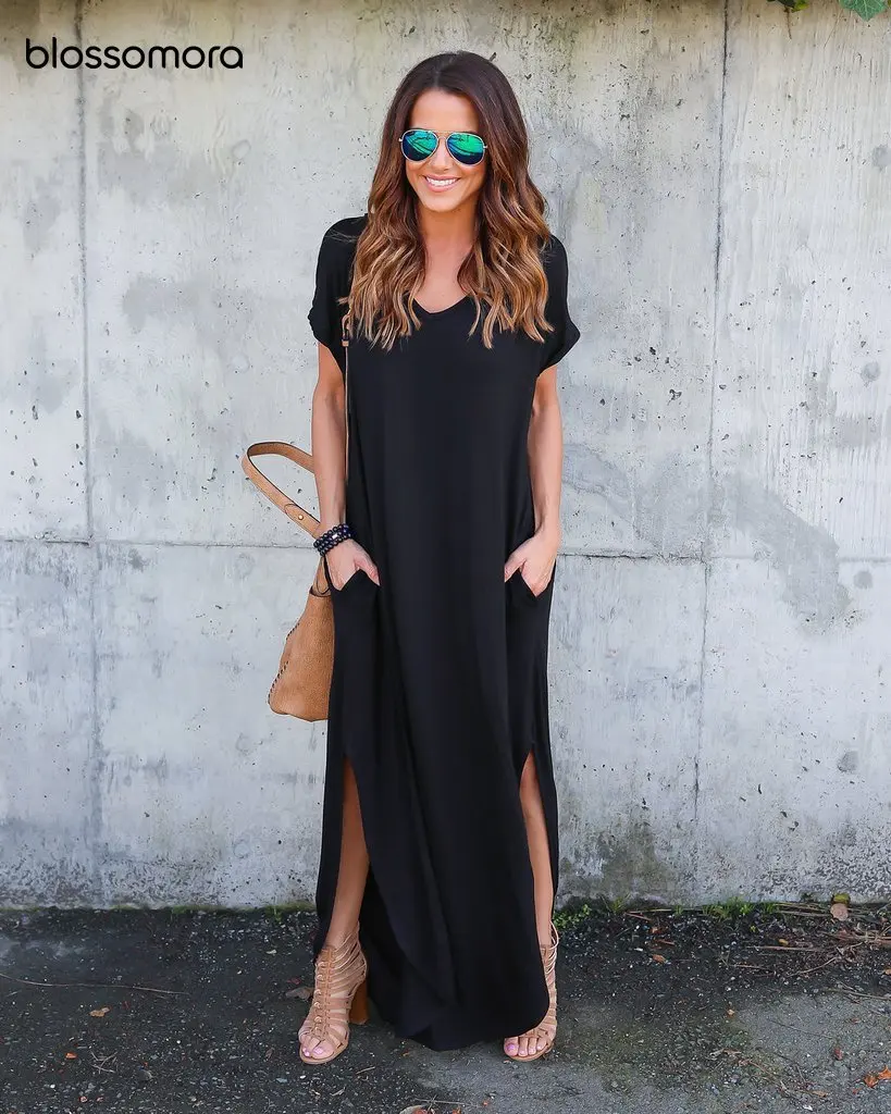 

Blossomora Solid Pockets Split Maxi Dress Casual Streetwear V Neck Short Sleeve Loose Long Dress Summer Vestidos for Women 2022