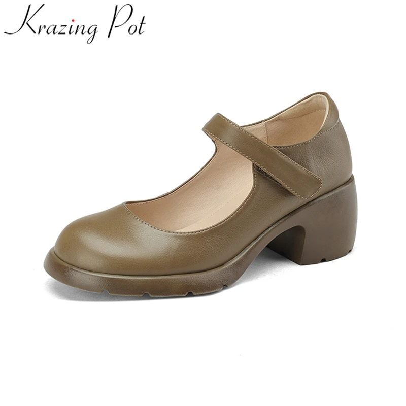 

Krazing Pot Size 40 Genuine Leather Shallow High Heels Round Toe Solid Spring Shoes Office Lady Mary Janes Concise Women Pumps