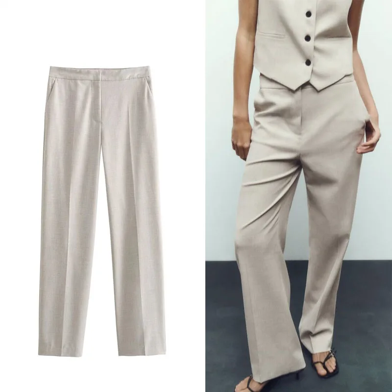 

TRAF Straight Leg Pants For Woman Vintage High-waist Pants Elegant Office Lady Casual Straight Trousers+Fashion Short Vest Set