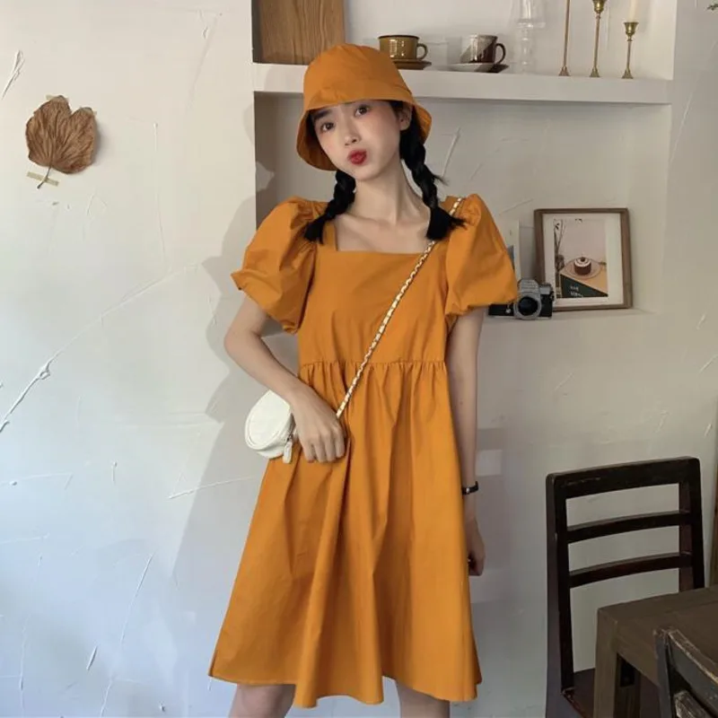 

2022 Summer Bubble Sleeve Bodycon Female Midi Dress Elegant Tunic Streetwear Frocks Women's Fashion Dresses Shirt Women Casual