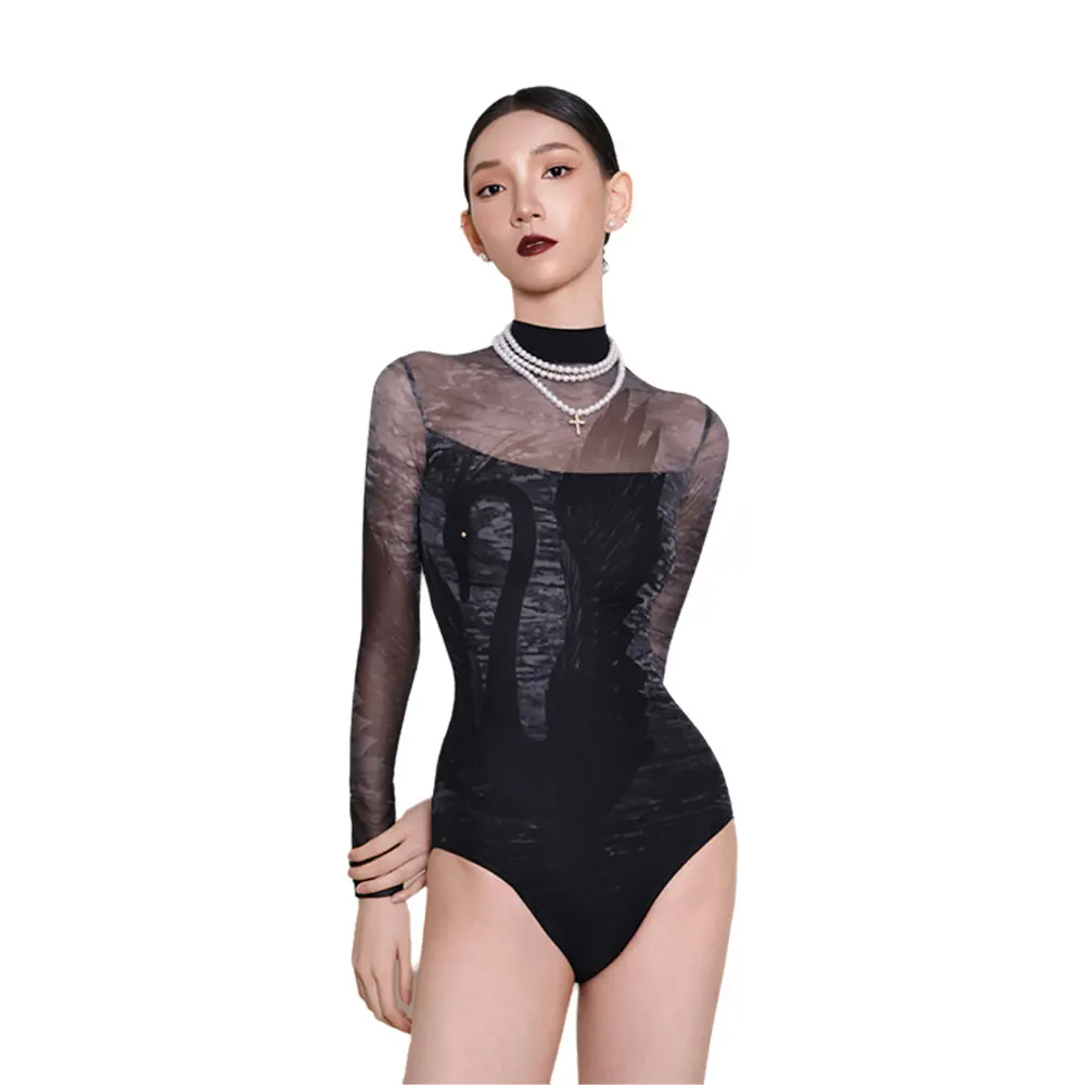 Балетный купальник для женщин с высоким воротником и длинным рукавом лебединым