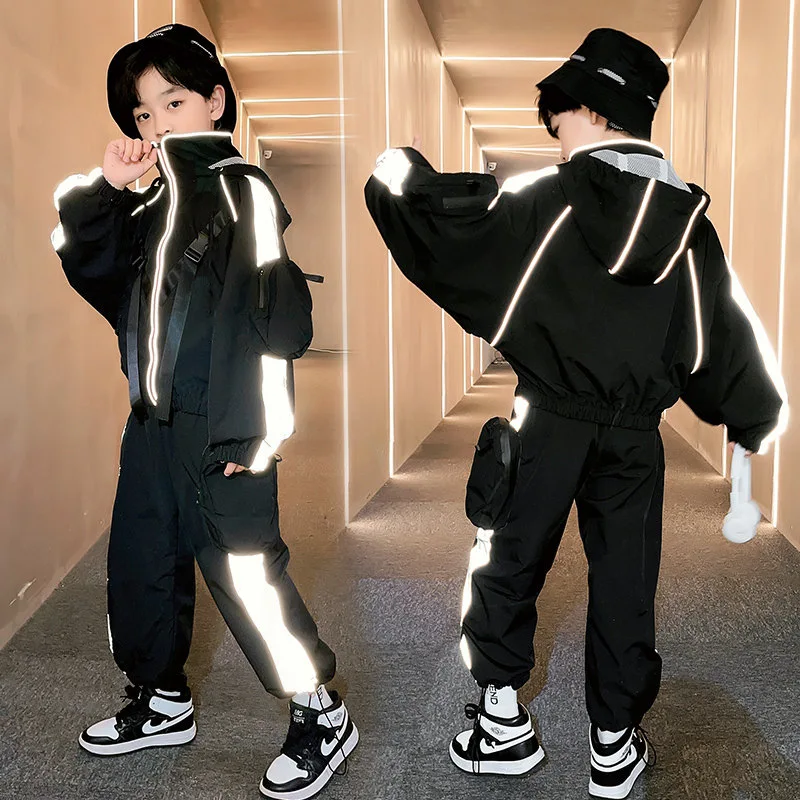 Boys Girls Clothing Sets 4-13T Unisex Sports Suit Reflective Hoodies+Pants Street Wear Fashion Hip Hop Kids Teens Clothes Suits