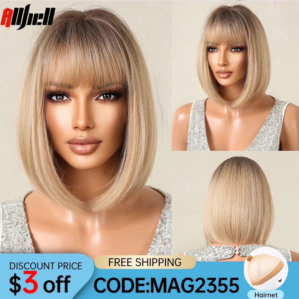 

Short Straight Synthetic Wigs Ombre Blonde Brown Bob Wig with Bangs for Black Women Afro Cosplay Party Daily Hair Heat Resistant