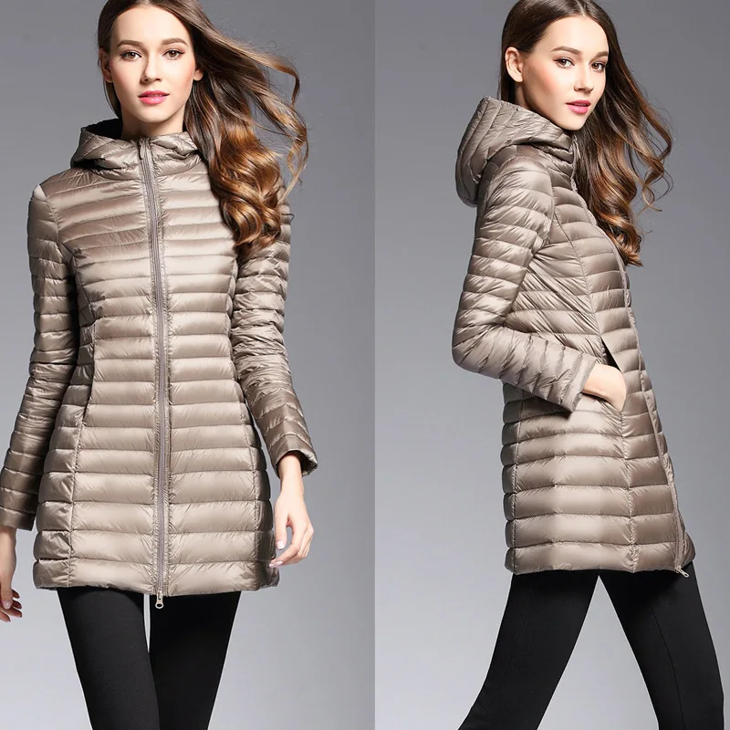 Woman Spring Padded Hooded Long Jacket White Duck Down Female Overcoat Ultra Light Slim Solid Jackets Coat Portable Parkas 2022
