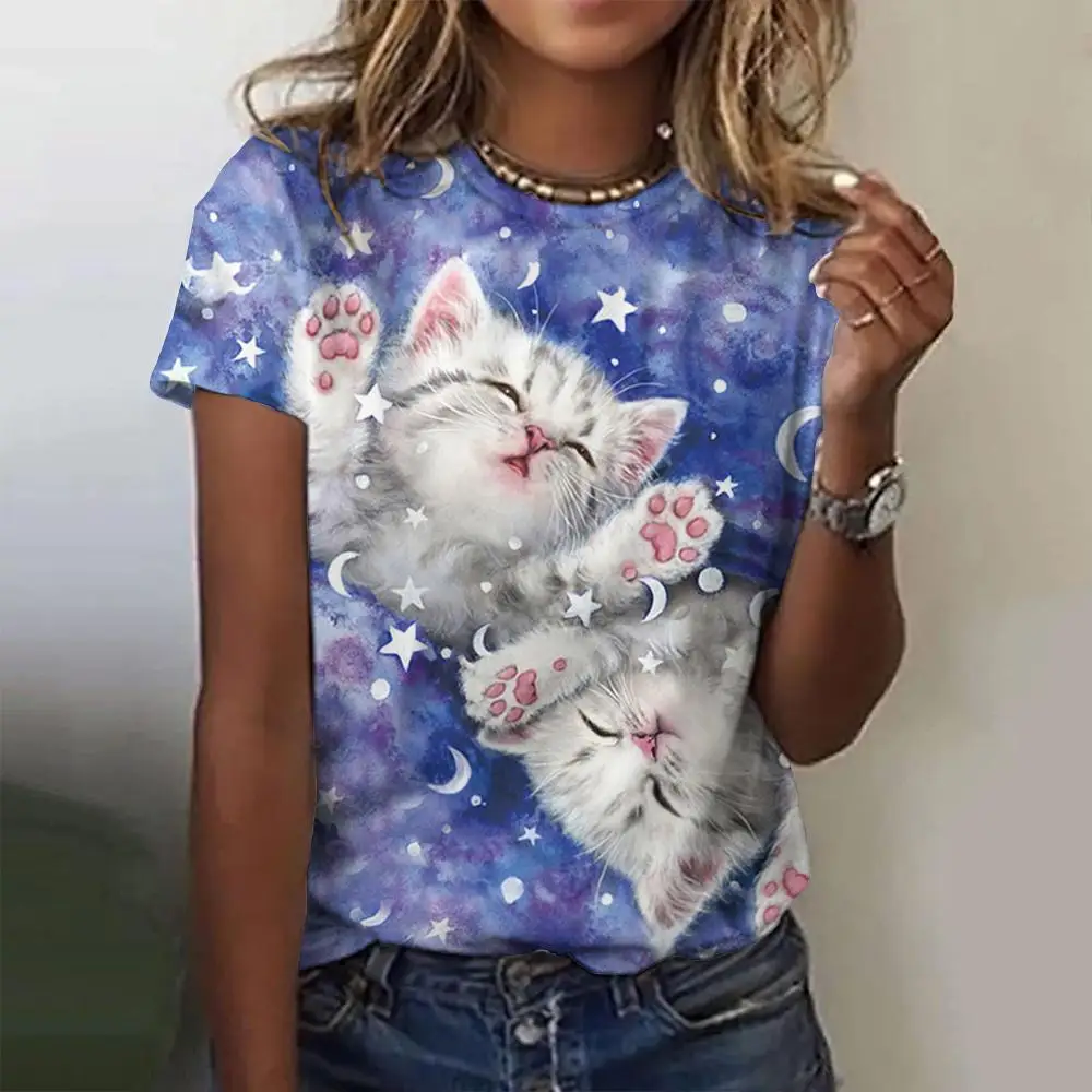 

Cute Cat Graphic Women's T Shirts Funny Fashion Short Sleeve Top Women Kawaii Y2k Oversized Female Clothing Ladies Casual Tees