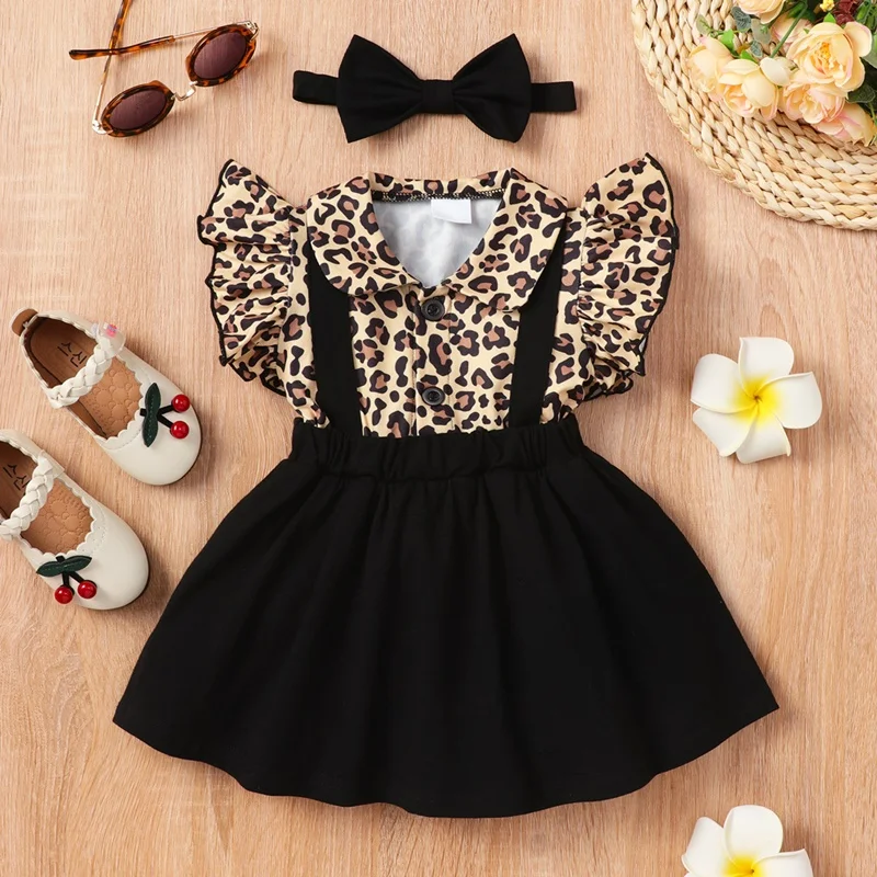 

Baby Dress Fashion Toddler Infant Clothes 3 Pcs Sets Leopard Print Doll Collar Flying Sleeve Tops+suspender Skirt+headband 0-3Y