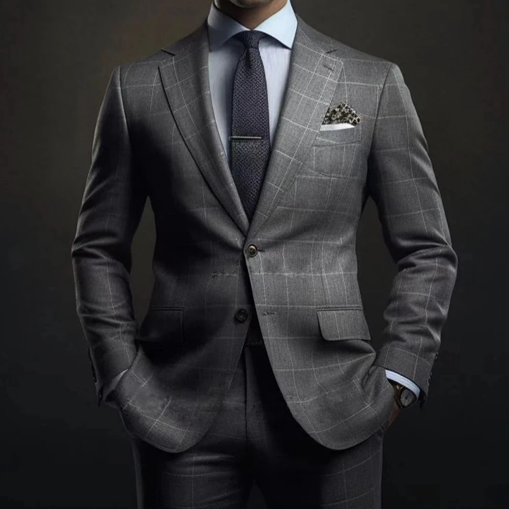 

Модные костюмы для мужчин, серый клетчатый Стандартный комплект из 2 предметов, пиджак и брюки, Мужской Блейзер, облегающий костюм для жениха на свадьбу