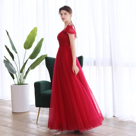 Clearance Sales Wine Red Banquet Elegant Evening Dress Sequins Beading Scoop A-line Long Prom Formal Gown Vestidos De Fiesta