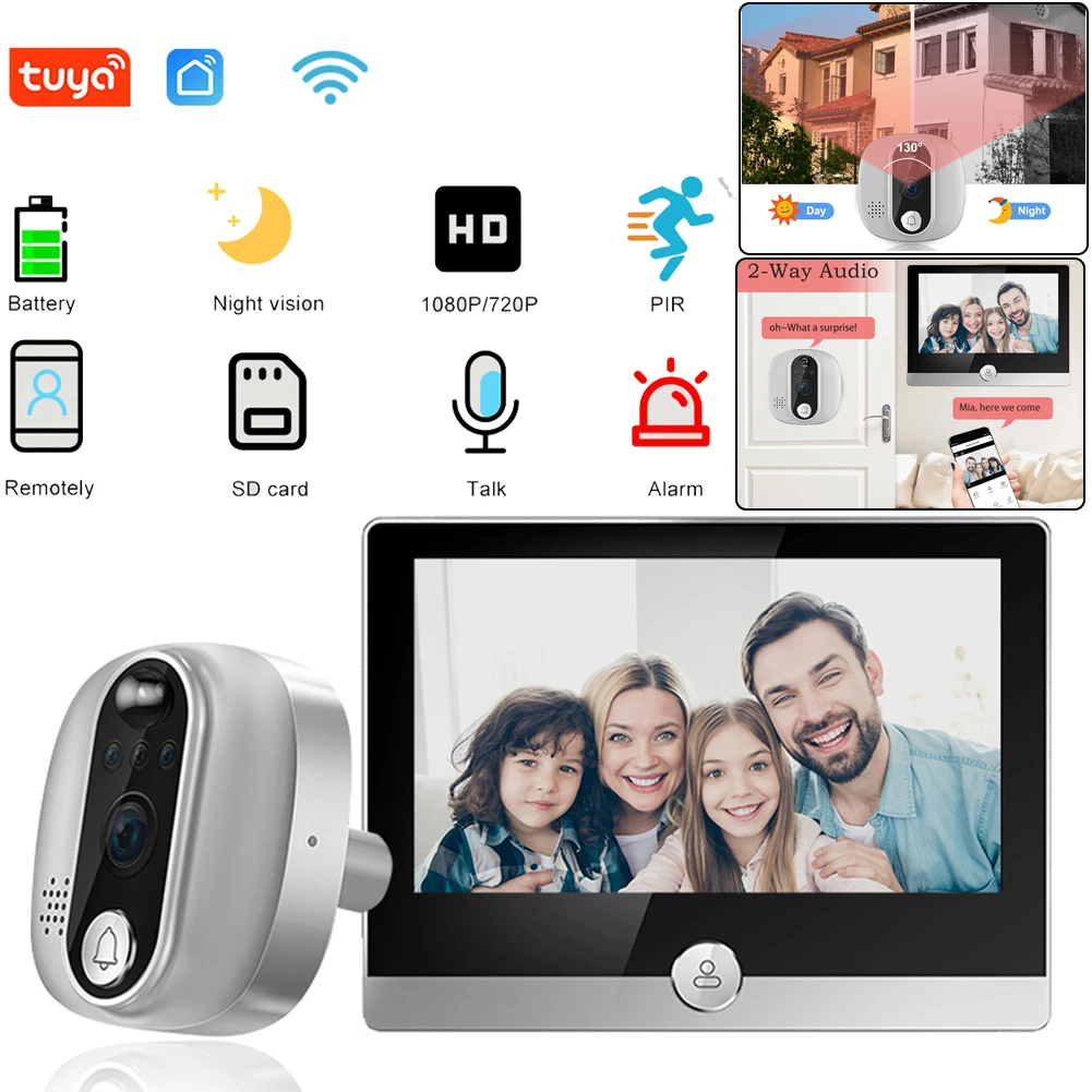 

Умный дверной глазок Tuya с Wi-Fi, 1080P, видеокамера для домашней системы безопасности с функцией ночного видения, дверной звонок с пассивным ИК датчиком движения