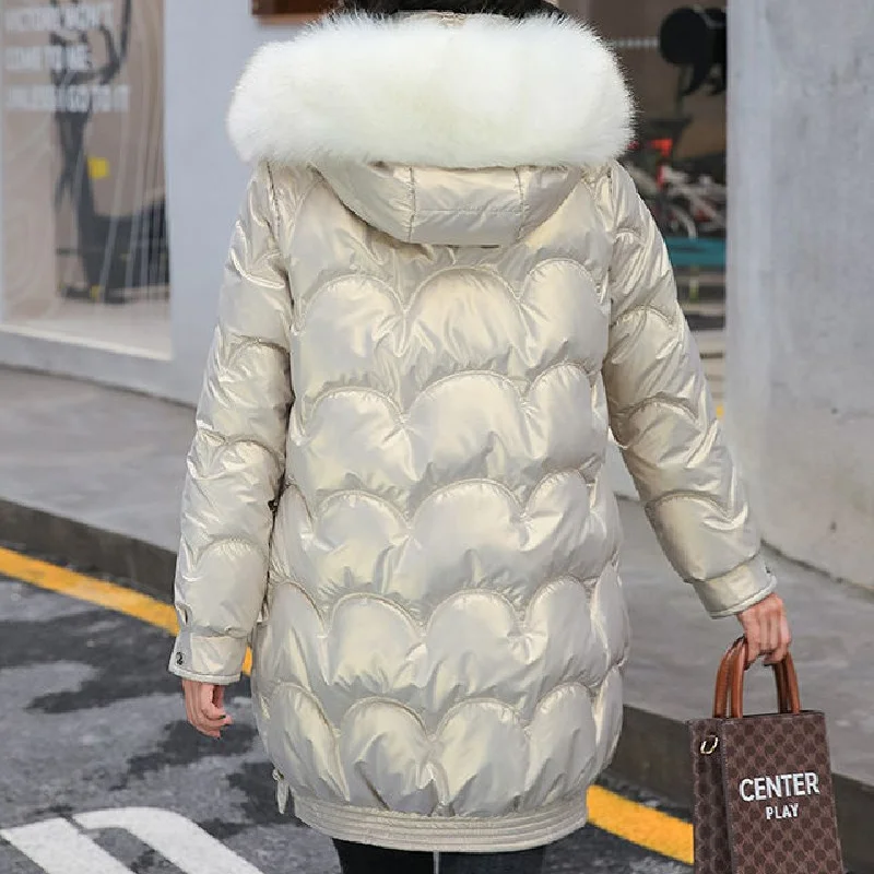 Winter Jackets 2023 Shiny Women's Parkas High Quality Fur Collar Mid-Lenth Parka Hooded Padded Cotton Jacket Casual Coats Female