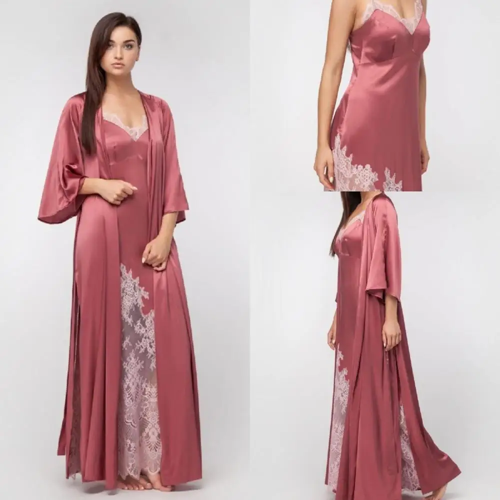 

Two Pieces Long Bathrobe Lace Women Floor Length Lingerie Nightgown Pajamas Sleepwear Women Luxury Gowns Housecoat Nightwear