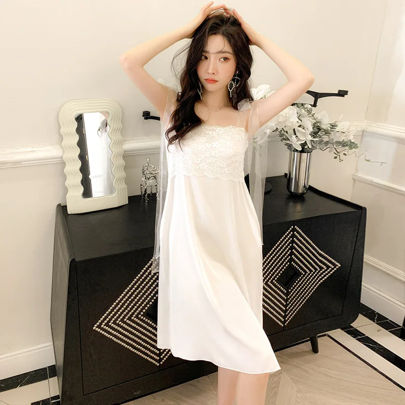 Palace Style Stain Pajamas for Women Nightwear Silk Nightgown  Lace Solid Sleeveless Loungewear Vestidos Suspenders Sleepdress