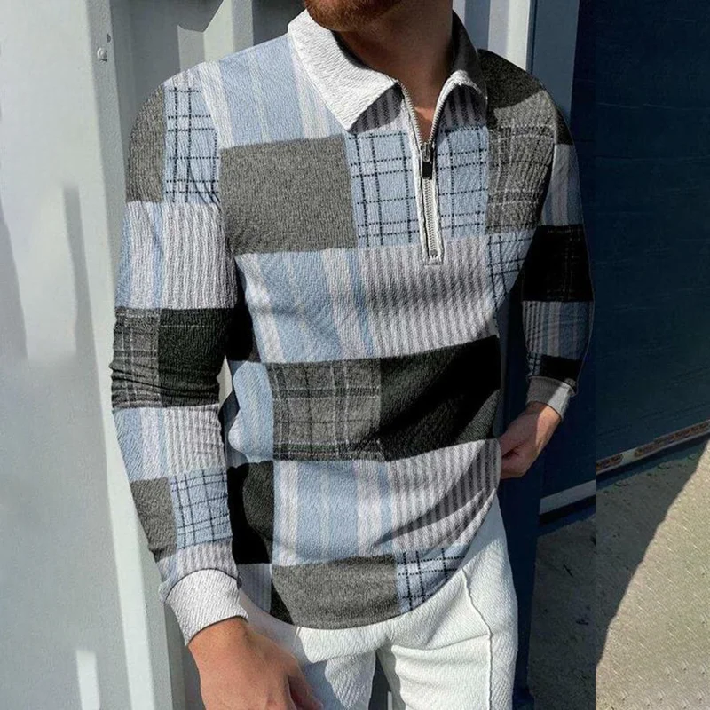 

Men Polo Shirts Spring High Street Print Casual Long Sleeve Mens Shirts Turn-Down Collar Zipper Polo T-Shirt Male Top