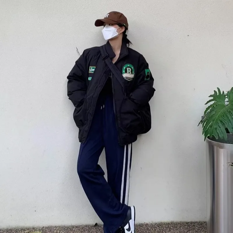 Street Fashion Embroidery Jacket Women'S Winter Cotton Parka Hip Hop Zipper Harajuku Loose Warm Coat Casual