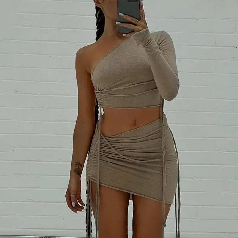 

Cover Up For Swimwear Women Beach Suit Swimsuit The 2023 New Single Shoulder Open Top Slim Fitting Drawstring Skirt Set Solid