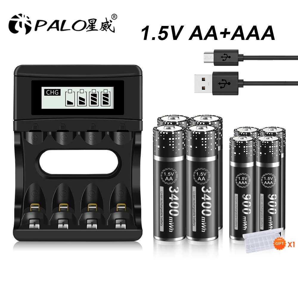 

PALO 1.5V AA 3400 mWh Rechargeable Battery+1.5V AAA 900 mWh Li-ion Rechargeable Batteries + Battery Charger for aa aa battery