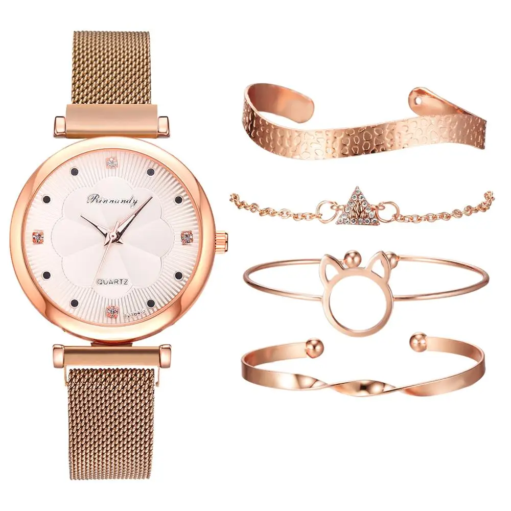 Fashion 5pcs Set Women Watches Luxury Magnet Buckle Flower Rhinestone Watch Ladies Quartz Wrist Watch Bracelet Set Reloj Mujer enlarge