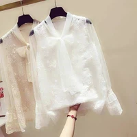 sexy lace top womens 2022 springsummer new korean style fashion large size white bow loose casual bell sleeve chiffon shirt
